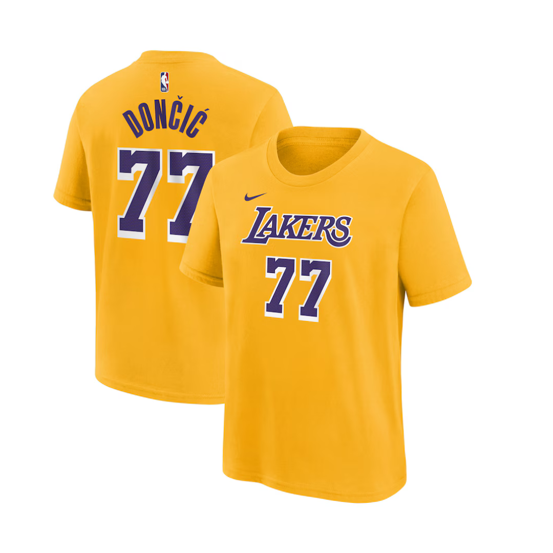 Camiseta masculina Los Angeles Lakers Luka Dončić Nike Gold Icon Edition com nome e número