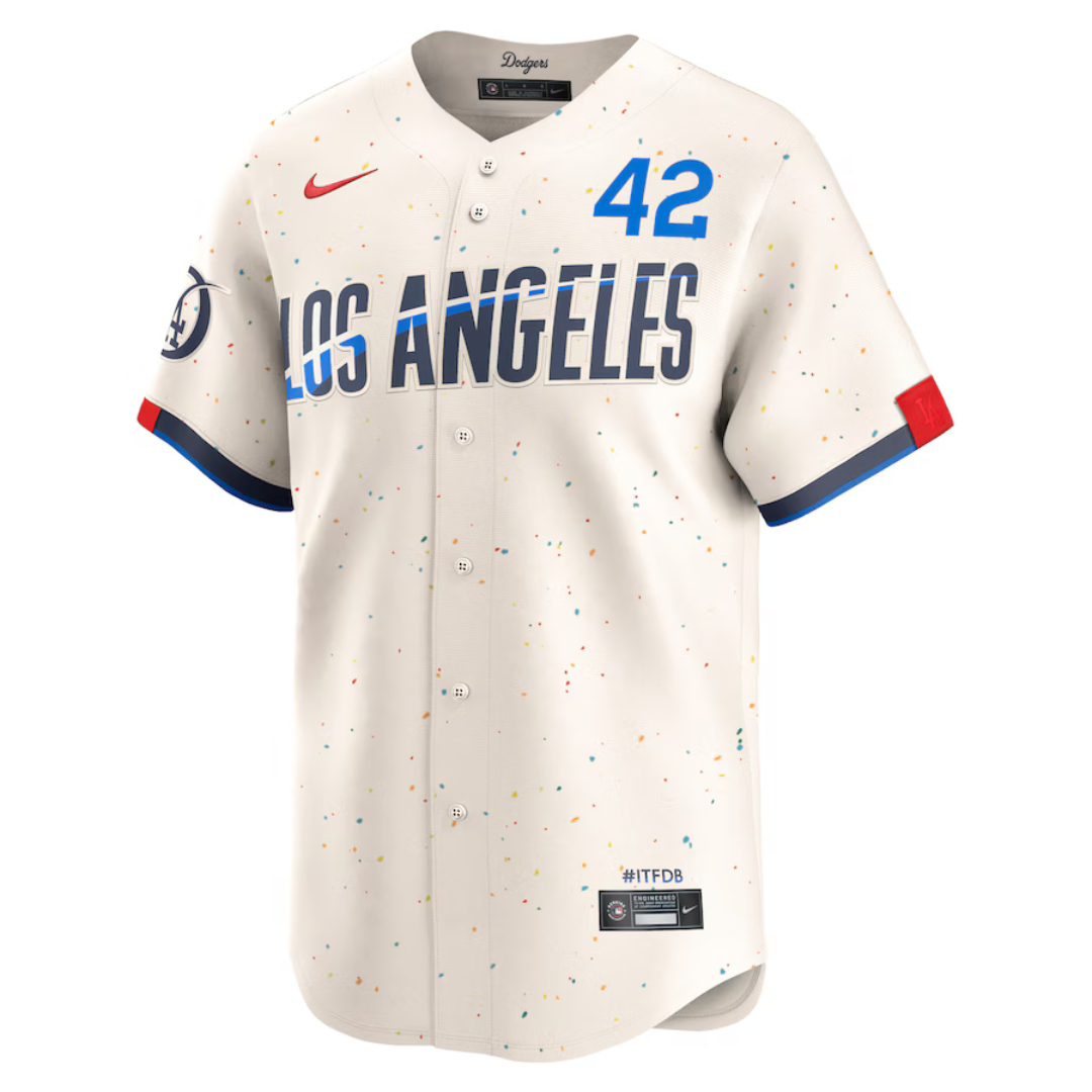 Camisa Edição Limitada Los Angeles Dodgers Jackie Robinson Nike creme 2024 City Connect Masculina