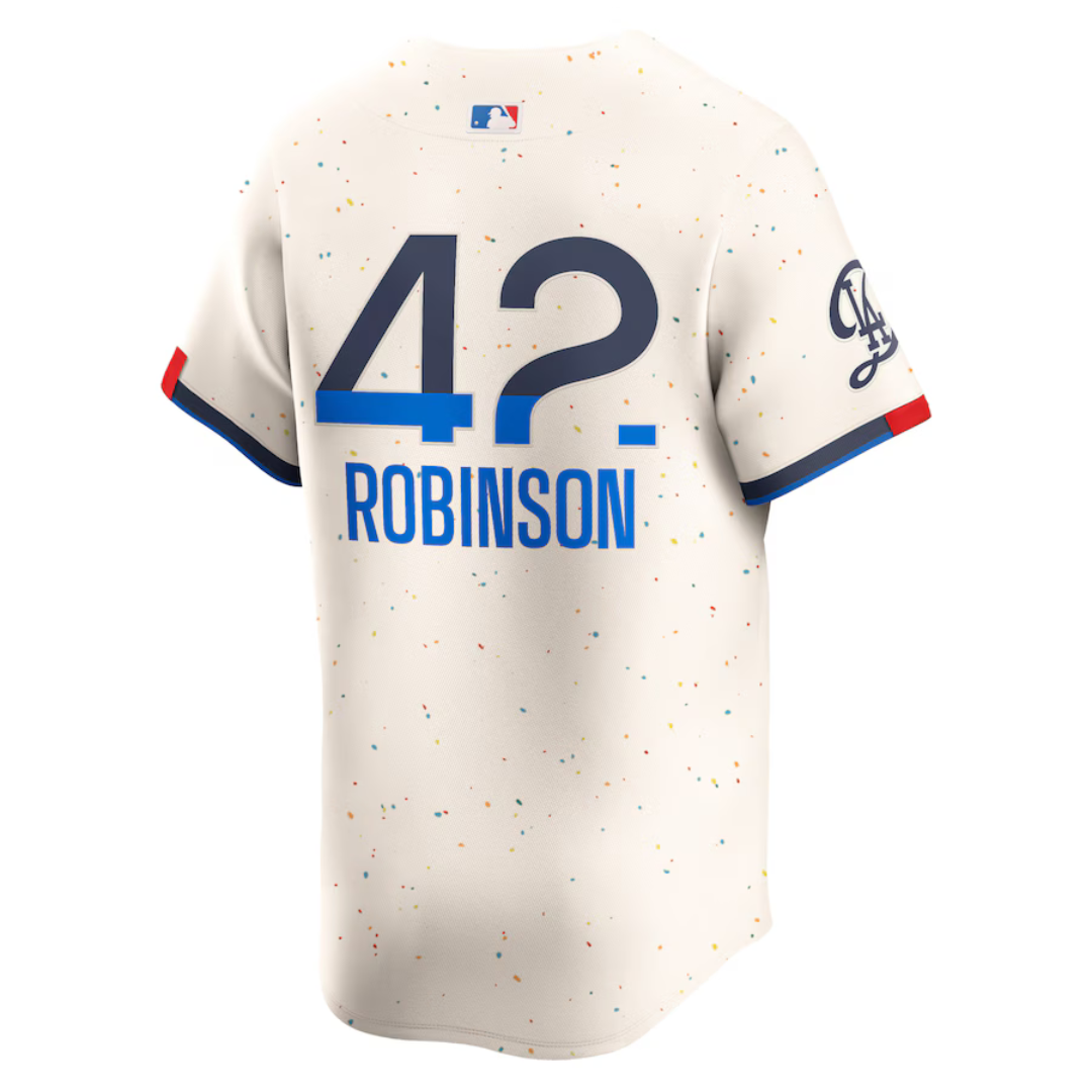 Camisa Edição Limitada Los Angeles Dodgers Jackie Robinson Nike creme 2024 City Connect Masculina