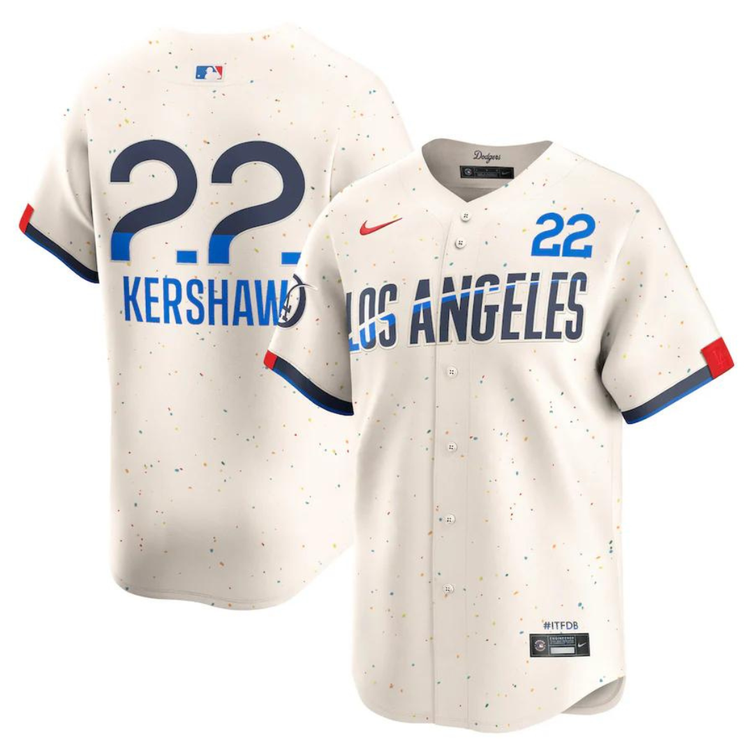 Camisa Edição Limitada Los Angeles Dodgers Clayton Kershaw Nike creme 2024 City Connect Masculina