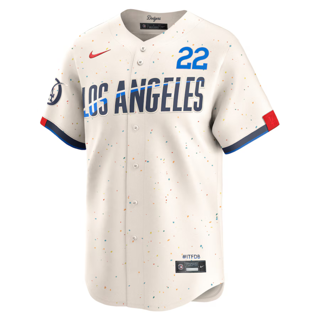 Camisa Edição Limitada Los Angeles Dodgers Clayton Kershaw Nike creme 2024 City Connect Masculina