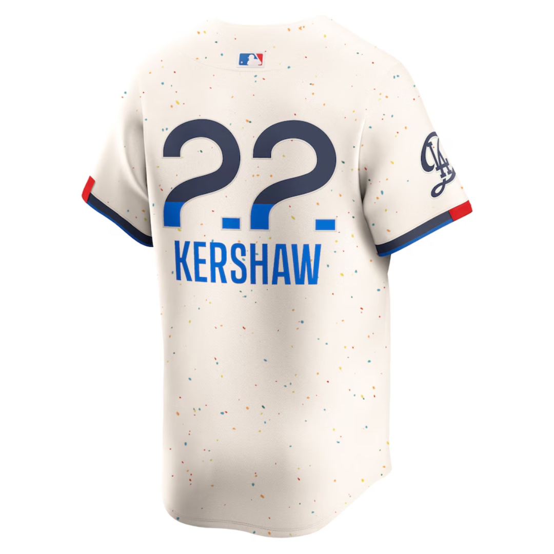 Camisa Edição Limitada Los Angeles Dodgers Clayton Kershaw Nike creme 2024 City Connect Masculina