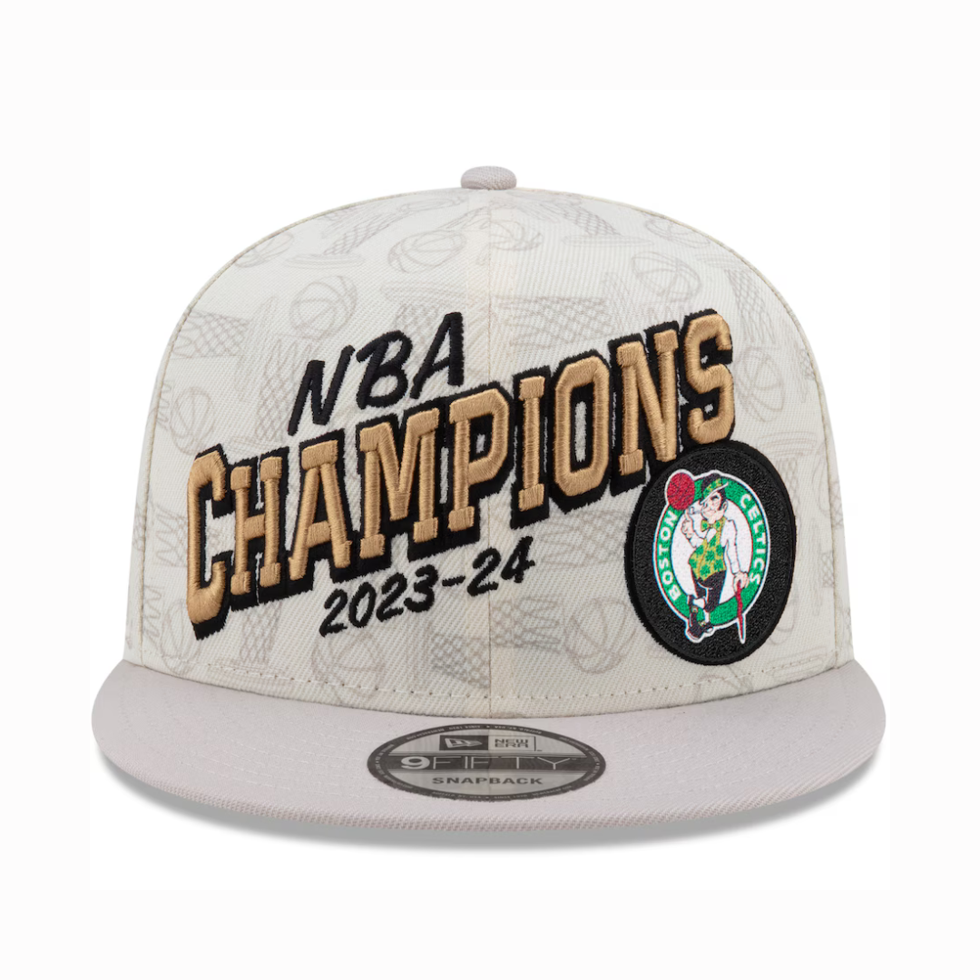 Boné masculino Boston Celtics New Era Cream 2024 NBA Finals Champions Locker Room 9FIFTY Snapback