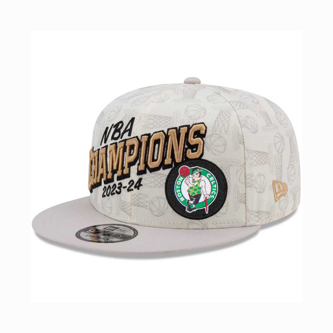 Boné masculino Boston Celtics New Era Cream 2024 NBA Finals Champions Locker Room 9FIFTY Snapback