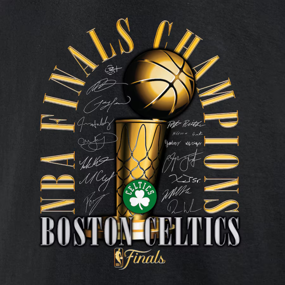 Camiseta masculina Boston Celtics Fanatics Black 2024 NBA Finals Champions Fade Away Jumper Roster Signature